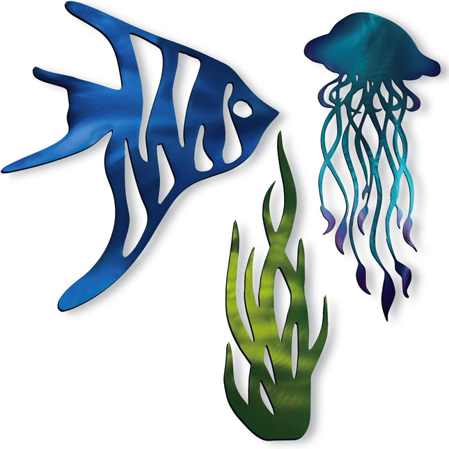 Zonon 3 Pcs Coastal Wall Decor Nautical Wall Decor Ocean Beach Themed Room Decoration Metal Jellyfish Fish Seaweed Beach Hanging Decoration Rustic Ocean Coastal Home Art for Living Bedroom Bathroom