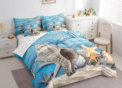 Erosebridal Summer Beach Theme Bed in a Bag 7 Pieces Starfish Conch Seashell Bedding Set, Ocean Animal Queen Size Comforter Set Fishing Theme Bedding Comforter Sets, Blue Old Barn Door Bed Set