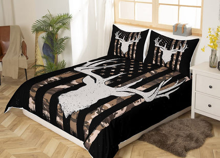 Camouflage American Flag Duvet Cover, Hunting Antler Comforter Cover Brown Black Camo Striped Bedding Set King Size for Kids Boys Teens Adult Women, Rustic Woodland Animal Bedspread Cover, Zipper