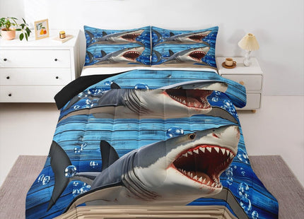 Erosebridal Kids Shark Comforter Set Full,3D Printed Shark Bedding Set Teens Funny Fish Quilt Set Blue Ocean Sealife Down Comforter,Wooden Stripes Bedroom Decor Children's Day Gifts for Boys