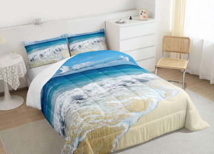 Ocean Wave Comforter Set for Kids Boys Girls Teens Twin, Hawaiian Beach with Foamy Waves Down Comforter, Sea Shore Holiday Theme All Season Quilted Duvet Coastal Nature Theme Soft Lightweight