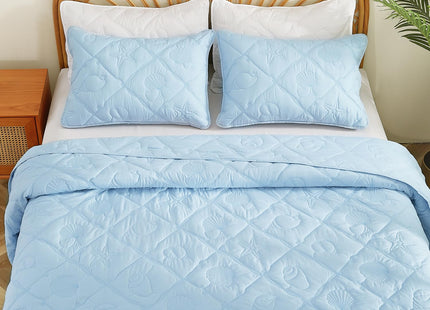 EVENHUG Coastal Quilt Set Twin Size Reversible Summer Ocean Beach Themed Bedding with Pillow Shams Lightweight Blue Nautical Coral Seahorse Bedspread Coverlet for All Season 2 Piece (68''x86'')