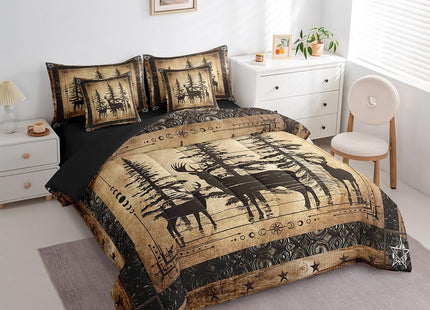 Erosebridal Rustic Deer Comforter Set 7 Piece Farmhouse Cabin Bed in A Bag Twin Western Woodland Wildlife Bedding Comforter Sets for Kids Boys Adults Men Black Retro Country Animal Bed Set