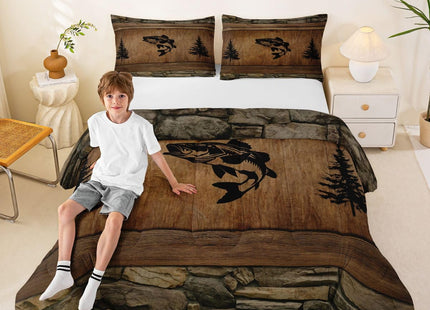 Manfei Pike Fish Comforter Set Toddler Size,Rustic Farmhouse Brown Wooden Bedding Set 2pcs,Fishing and Hunting Down Comforter for All Season,Kids Boys Girls Room Decor,1 Pillowcase,No Sheets