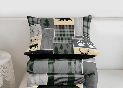Christmas Farmhouse Cabin Comforter Set, Rustic Bear Deer Bedding Set Full Size Woodland Country Patchwork Quilt for Kids Teens Women, Grid Claw Wildlife Duvet Sets,2 Pillow Cases, Grey Green