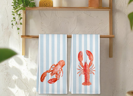 cvjutf Coastal Red Lobster Crawfish Kitchen Towels Set of 2, Beach Preppy Decor Dish Towel, East Coast Beachy Blue Striped Decor Hand Tea Towels for Bathroom Kitchen, Maine Lobster Gifts, 16x24 Inch