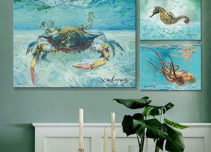 JZLDZS Large Ocean Life Blue Crab Wall Art, Teal, 24x32 Inch Framed