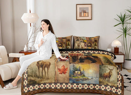 Erosebridal Hunting and Fishing Queen Bedding Set 7 Pieces, Brown Tribal Buffalo Plaid Comforter Set with Sheets, Rustic Bear Deer Elk Moose Bed in A Bag, Country Cabin Lodge Patchwork Bed Sets