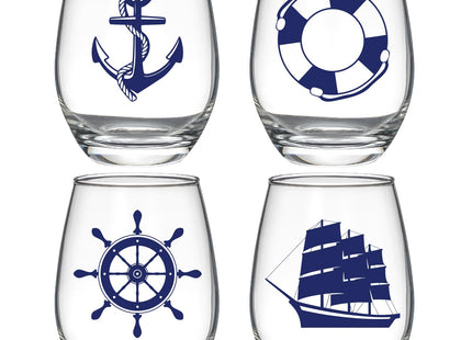 15oz Printed Nautical Stemless Wine Glasses, Set of 4, Anchor & Compass