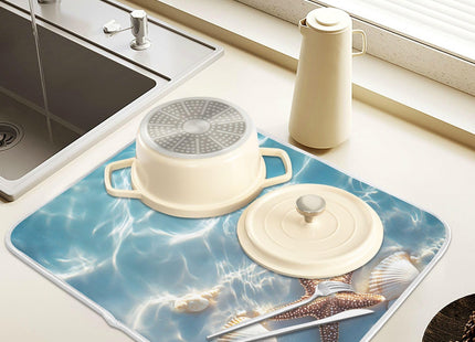 Starfish and Seashell on The Summer Beach Dish Drying Mat for Kitchen Counter Absorbent Microfiber Small Drying Pad Dish Mats for Kitchen Countertops 16 x 18 Inch