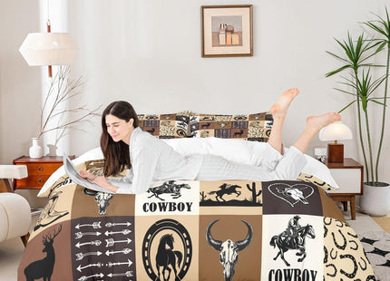 Western Cowboy Duvet Cover Queen Size,Deer Cow Arrow Comforter Cover with 2 Pillowcase for Teens,Kids Country Style Bedding Set,Brown Geometric Grid Breathable 3 Pcs Decorative Bed Cover(No Comforter)