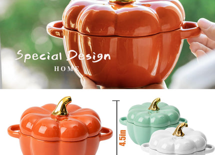 FTNESGYM Pumpkin Soup Bowl, 15.2oz Ceramic Halloween Pumpkin Bowl with Lid