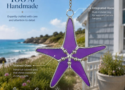 Purple Stained Glass Starfish Suncatcher 3 in Coastal Home Decor mom Gifts