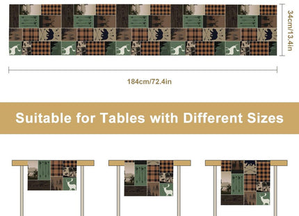 Rustic Country Cabin Hunting Moose Table Runner,Retro Green Patchwork Bear Deer Hunting Wild Animal Plaid Checkered for Kitchen Dining Room 13x72 in