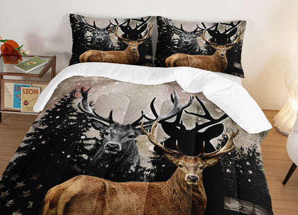 HOSIMA Snowy Forest Deer Comforter Set with 2 Pillowcases,Camo American Flag Twin Bed in a Bag Hunting Bedding Set for Teen Mens Bedroom Essentials,Wildlife Elk Comforter Boys Room Decor.