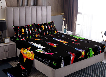 Erosebridal Fish Bed Sheets Set - Twin Size Fishing Theme Sheets Set with Sea Animal Top Sheet - Black Room Decor Bedding Set for Kids Boys Girls Teens