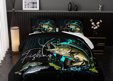 Nttopship Big Pike Fish Bedding ，Hunting and Fishing Brown Green Bedding Set Themed Comforter Set for Kids Boys Room Decor, Queen Bed in a Bag for Teens with 2 Pillowcases