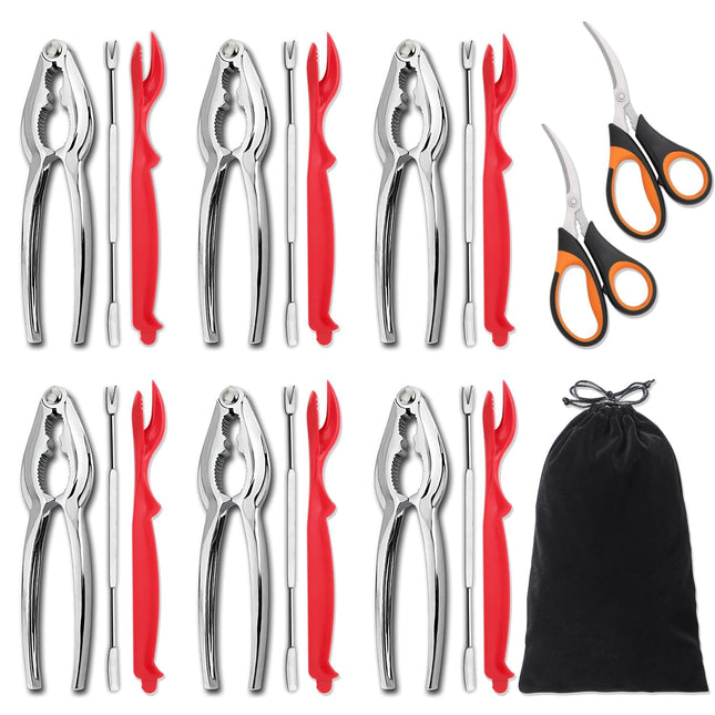 20-Pack Crab Crackers and Tools Set,Seafood Boil Party Supplies Includes 6 Crab Crackers, 6 Lobster Shellers, 6 Crab Leg Forks/Picks and 2 Seafood Scissors & Black Storage Bag - Nut Cracker Set
