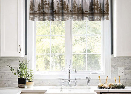 JanJCurt Misty Forest Valance Curtain, Rustic Farmhouse Pine Tree Landscape Country Woodland Deer Print Blackout Short Window Drape for Kitchen Living Room Bedroom, 54x18inch