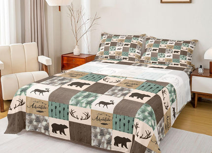 Rustic Patchwork Sheet Set, Bear Moose Fitted Sheet Twin For Kids Boys Teens Adult, Farmhouse Hunting Deer Bed Sheet Boho Arrows Buffalo Plaid Flat Sheet 3 Pieces With 1 Pillow Case, Brown Green