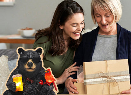 YHSOLAR Solar Black Bear Statue for Garden with Beer and Cardinals