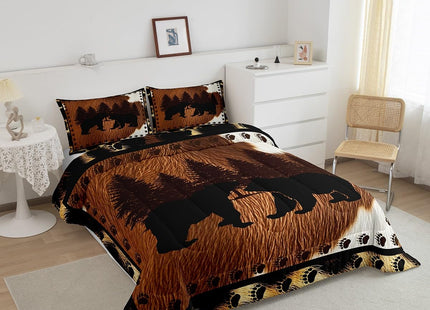 Kids Cow Fur Comforter Set Deer Bear Bedding Set Rustic Cabin Country Western Farmhouse Style Comforter Wild Animal Brown White Duvet Set Bedroom Quilt Set 3Pcs King Size