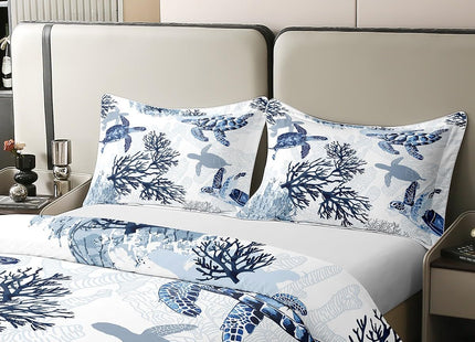 100% Cotton Turtle Duvet Cover - Twin, White Blue Sea Turtle Bedding Set for Kids, Nautical Coastal Tortoise Comforter, Ocean Beach Sea Animal Summer Quilt