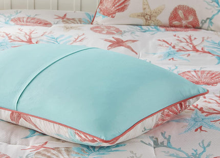Island Living Coral & Teal Seashells, Starfish, Beach Queen Comforter Set (7 Piece Bed in A Bag)