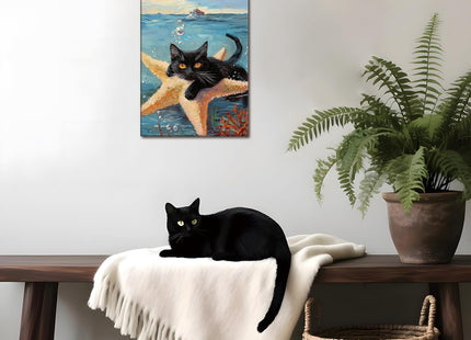 Framed Black Cat Ocean Wall Art, Cute Cat Holding Starfish Canvas Print, Funny Animal Lovers Sea Life Painting Picture for Bathroom Bedroom Kids Room Home Decor 12x16 Inch