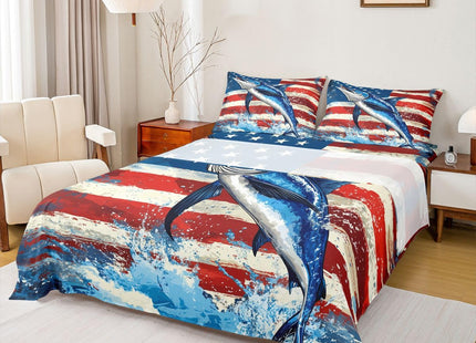 Marlin Swordfish Bed Sheets Boys American Flag Fitted Sheet, Hunting and Fishing Sheet Set for Kids Teens Adult Bedroom Marine Life Ocean Animal Top Sheet with 1 Pillow Case, Blue Red, Twin