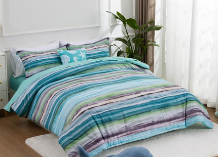 Holawakaka Beach Stripe Bedding Sets 6 Pieces, Aqua Coastal Striped Comforter Set King Size All Season Geometric Bed Set, Nautical Bed in a Bag with Comforter, Sheets and Shams