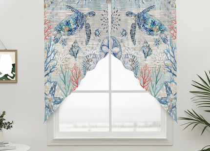 Ocean Sea Turtles Nautical Swag Valances for Windows Rod Pocket Kitchen Window Curtains Over Sink, Rustic Wood Beach Kitchen Curtains Sets, Swag Curtains Valance for Living Room, 28"x36" Set of 2