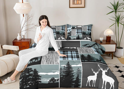 Plaid Bear Cabin Comforter Set, Rustic Farmhouse Camper Bedding Set Full, Gray Blue Hunting Christmas Deer Duvet Insert Woodland Lodge Wild Animal Quilt Sets For Kids Boys Teens Adult Bedroom