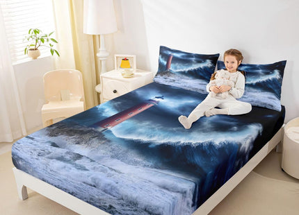 Erosebridal Lighthouse Bed Cover Nautical Fitted Sheet Surfing Ocean Wave Bedding Set Twin Size Coastal Nature Theme Fitted Sheet for Kids Boys Girls Teens Living Room Decor, Blue