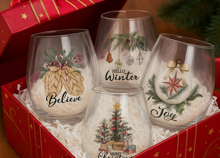 Potchen 4 Pcs Christmas Stemless Wine Glasses 18oz Cups, Holly Tree