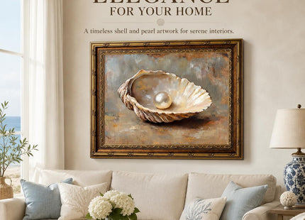 Vintage Gold Framed Wall Art, Seashell and Pearl Canvas Print, 11x9 In