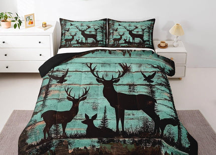 Deer Hunting Comforter Set Full Size,Elk Anlter Hunter Quilt for Men Boys Adults,Farmhouse Camping Home Bedroom Decor Wooden Pine Trees Duvet Insert Woodland Wildlife Silhouette Bedding Set,3Pcs