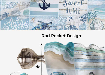 Blue Coastal Tie Up Curtains for Small Windows,Adjustable Rod Pocket Ocean Turtle Starfish Coral Valance 45 Inch Short for Bathroom Kitchen,Nautical Anchor Octopus Balloon Roman Blind Shade,34" x 45"