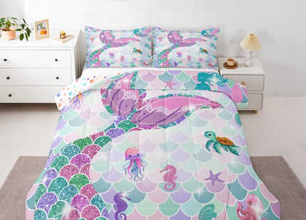 Erosebridal Mermaid Tail Bedding Set,Nautical Sea Animal Kawaii Down Comforter Queen Size,Fish Scale Sparkle Sequins Comforter Set Sea Turtle Octopus Duvet Filler Jellyfish Seahorse Bedroom Decor
