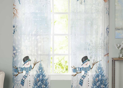 Hokiten Coastal Christmas Snowman Sheer Curtains 84 Inch Length 2 Panels Set, Blue Beach Xmas Tree Semi Sheer Curtain for Living Room, Xmas Starfish Voile Window Curtains Sheer Drapes for Bedroom