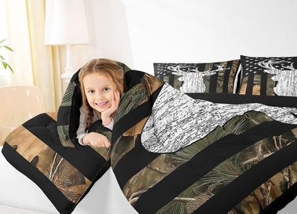 Camouflage Deer Comforter Set Twin Woodland Tree Botanical Camo Flag Bedding Set Hunting American Flag Comforter For Kids Boys Teen Men,Nature Conifer Oak Branches Leaf Quilt Duvet Black Brown 2 Pcs