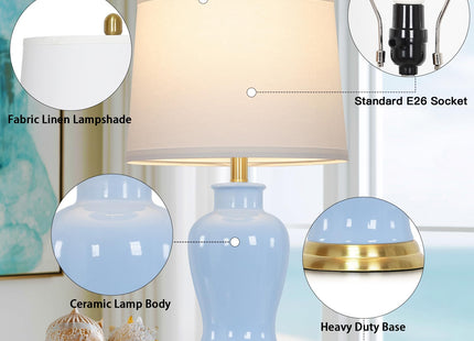 23" Modern Blue Ceramic Table Lamps Set of 2, Coastal Ceramic Lamps for Living Room, Classic Bedside Lamp with Ginger Jar Design, Elegant Bedroom Lamp for Night stand Desk Side End Table Home Decor