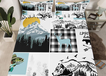Cabin Bear Deer Bedding Sets Full,Hunting Fishing Bass Fish Bed Sheets Rustic Farmhouse Buffalo Check Plaid Sheet Set For Boys Adults Men,Wild Animal Fitted Sheet Grey Blue Flat Sheet 2 Pillow Cases