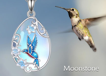 LUHE Hummingbird Necklace Sterling Silver Bird Moonstone Pendant Necklace with Flower Hummingbirds Jewelry Gifts for Women (Hummingbird Necklace)