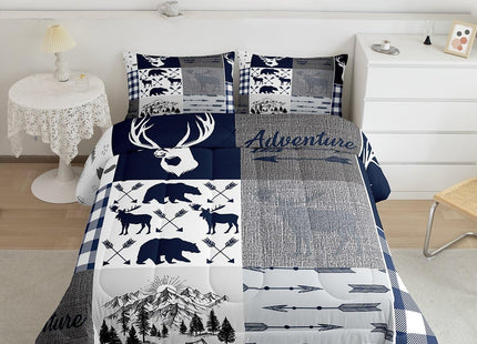 Erosebridal Camping Down Comforter for Kids, Deer Bear Comforter Set Queen Size Rustic Buffalo Plaid Patchwork Bedding Set for Teens Adult Bedroom, Lodge Woodland Wildlife Duvet Sets, Grey Blue