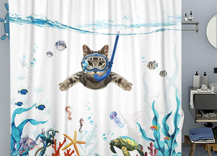 Fowocu Funny Cat Shower Curtain Set Teal Blue Sea Ocean Waterproof Fabric Shower Curtains with Animal Octopus Starfish Turtle Anchor Fish Nautical Bathroom Decor (Blue, 72''×72'')
