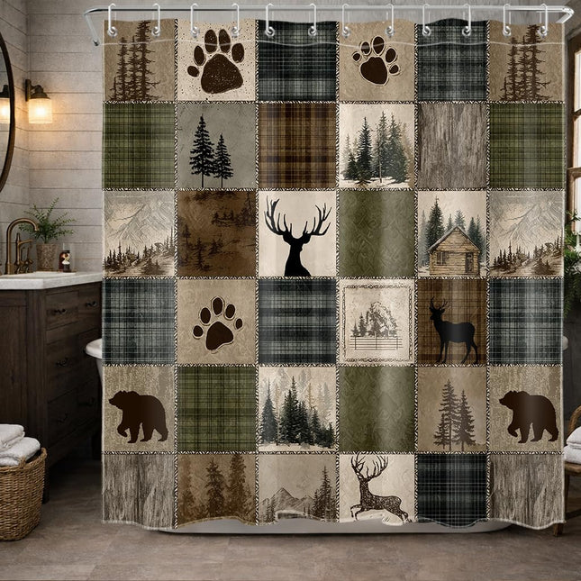 DEMCEAR Rustic Cabin Forest Shower Curtain for Bathroom, Wild Animal Bear and Deer Brown Vintage Plaid Patchwork Shower Curtain Set Country Bathroom Decor Accessories with Hooks, 72W X 72L inches