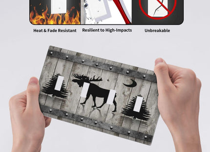 Rustic Deer Moose Forest Tree on Wood Plank Quad Toggle Light Switch Covers Decorative Unique 4 Gang Wall Plate Electrical Faceplate Switchplate for Farmhouse Kitchen Bedroom Bathroom Decor