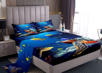 Coastal Beach Theme Kids Printed Sheet Set Twin Deep Pocket,Sea Turtle Sheets & Pillowcase Sets,3 Piece Ultra Soft Fish Summer Cool Microfiber Bed Sheets+Reptile Flat Sheet+ Ocean Fitted Sheet