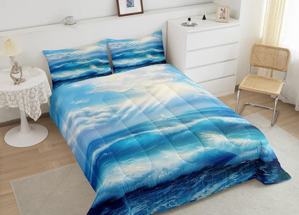 Erosebridal Sea Waves Comforter Set Twin Size, Sunset Down Comforter, Nautical Quilted Duvet, Coastal Nature Theme Duvet Insert, Blue Washable Super Soft Breathable Reversible Room Decoration